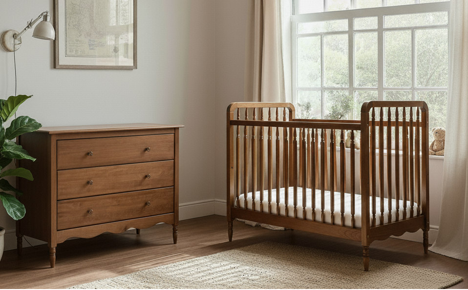 Nursery room with vintage wooden crib cot and dresser near a large window.